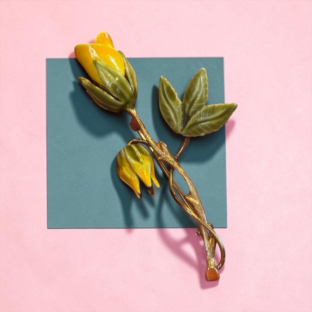 60s Yellow Rose Brooch Enamel Flower Bud Gold Tone Mod Botanical Pin